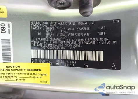 2015 Toyota Sienna Limited 7 Passenger z USA, uszkodzony, nr VIN 5TDYK3DC6FS557486